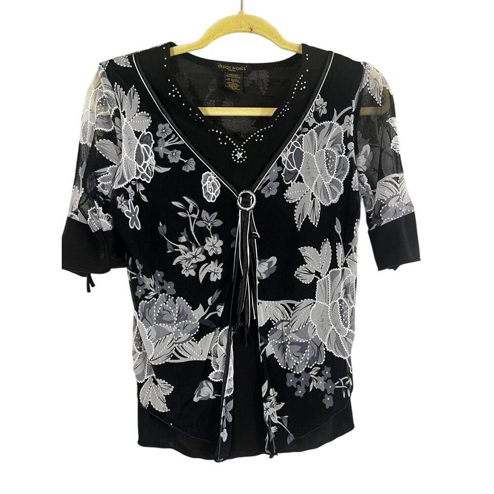 Y2K Floral Mesh Top Black PS Rhinestone Skater Grunge Festival Fairy Whimsical